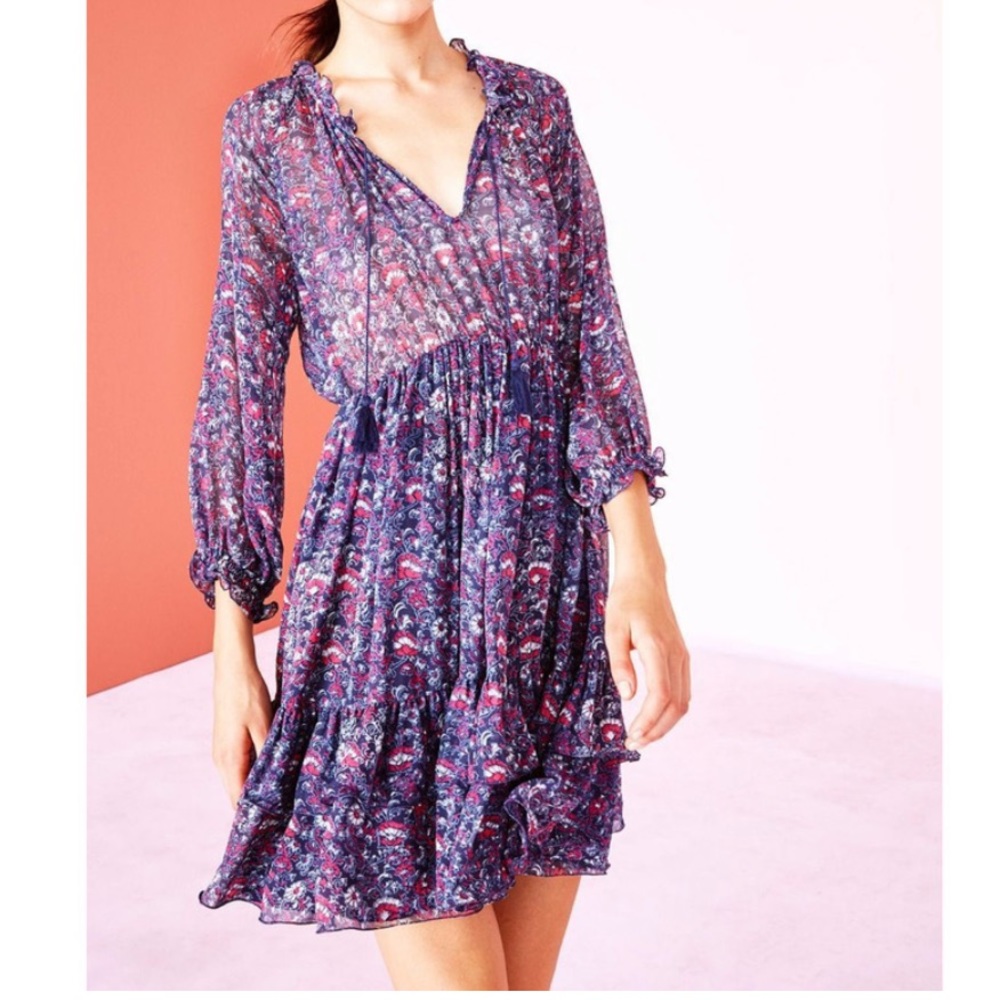 Ulla Johnson blue and pink floral paisley ruffle silk dress